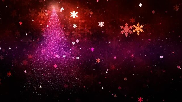 abstract rotating Christmas tree formed from light particles, falling snowflakes against deep red background, festive loopable animation