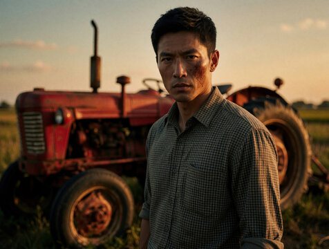 Serious man with blood stains on face, shirt stands near old red tractor. Injured farmer looks intense in rural farm field at sunset. Dramatic portrait of wounded person in countryside during