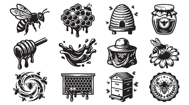 Honey Bee and Apiary Icon Set in Black and White Silhouette Style