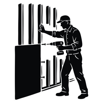 Worker attaching drywall panel to wall studs. Home renovation concept. Black and white vector illustration isolated on transparent background