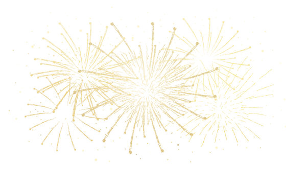 Elegant composition of hand drawn golden fireworks bursts with scattered sparkling particles, creating a festive celebration graphic for New Year and special events.