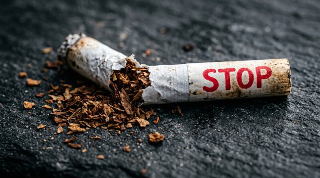 Crushed cigarette with stop message on white paper placed on rough ground with spilled tobacco showing quit smoking addiction awareness health warning nicotine danger and personal change decision life