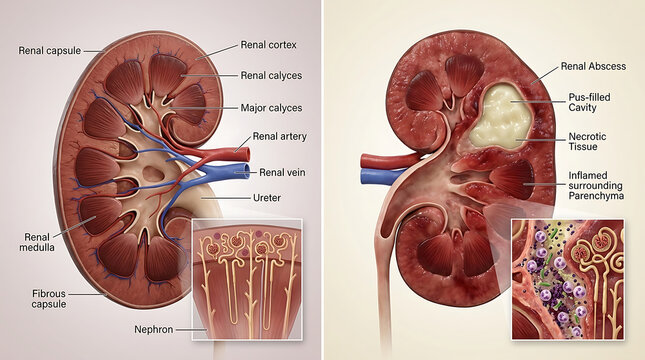 Human kidney anatomy comparison healthy kidney versus renal abscess two panel medical illustration showing pus collection and necrotic cavity