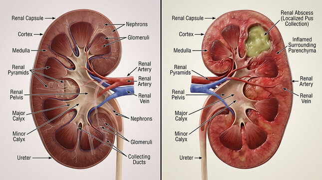 Human kidney anatomy comparison healthy kidney versus renal abscess two panel medical illustration showing pus collection and necrotic cavity