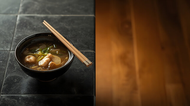 Savory Noodle Soup with Chopsticks: A steaming bowl of rich noodle soup, garnished with fresh herbs and savory toppings, is presented with chopsticks resting on the edge.