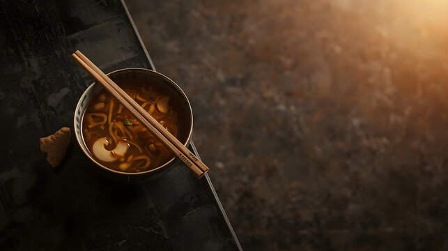 Gourmet Ramen Delight: A steaming bowl of authentic ramen, adorned with chopsticks and a piece of bread, rests on a textured surface, illuminated by a warm, inviting light.