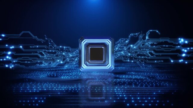 Glowing blue processor branching circuit paths semiconductor hardware digital computing. setting open upper space technology background, engineering explainers, microelectronics hardware presentations