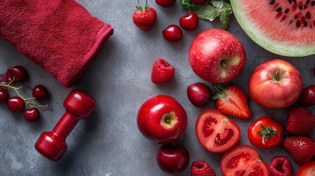 Healthy nutrition flat lay with fresh apples pomegranate tomatoes watermelon dumbbell and towel on dark table wellness lifestyle fitness diet exercise motivation clean eating and balanced daily habit