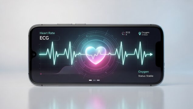 Smartphone screen with glowing heart ECG graph and health interface showing mobile medicine cardiology monitoring fitness tracking digital wellness app and modern patient care technology for wellness