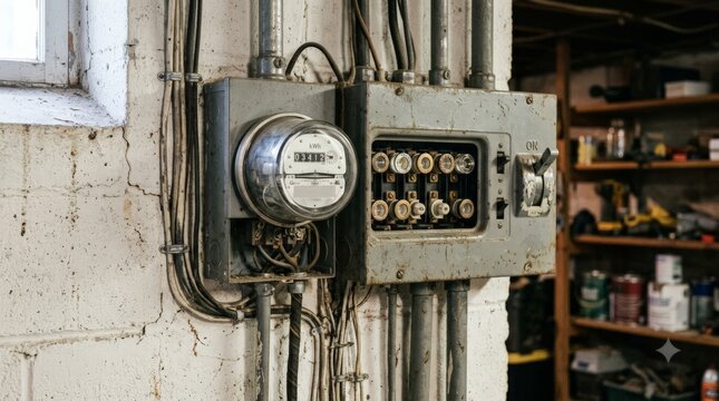 A close up shot of an old grey fuse box and electric meter mounted on a white painted concrete wall inside a cluttered basement workshop with wooden shelving units visible in the background