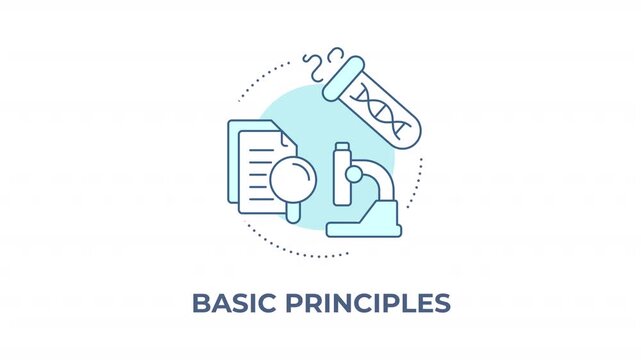 Basic principles animated monochrome cyan concept icon. Healthcare innovation ecosystem. Laboratory standard procedures. Scientific methodology. Minimalist blue line animation. Circular motion graphic