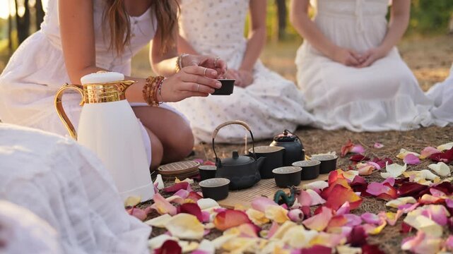 Women dressed in white engage in a group meditation, pouring tea from a kettle onto a tray surrounded by colorful rose petals in a natural environment