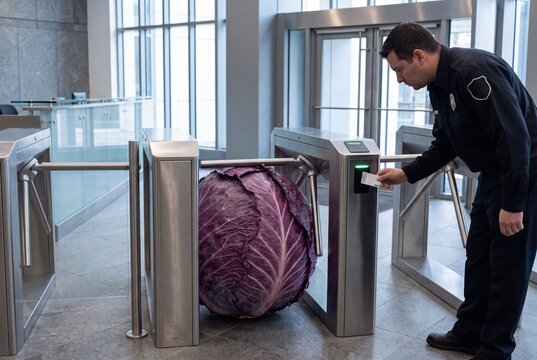 Giant Red Cabbage at a Security Turnstile. Guard scanning badge
