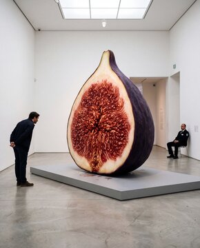 Giant Fig Sculpture in an Art Gallery. Visitors contemplating fruit