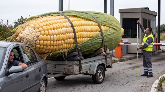 Giant Corn Cob on a Trailer. Inspector measuring at checkpoint