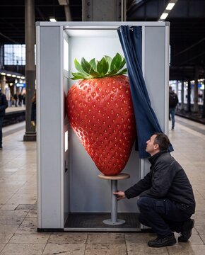 Giant Strawberry in a Photo Booth. Man adjusting the stool