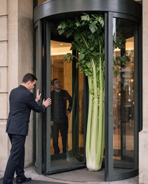Giant Celery Stuck in a Revolving Door. Doorman pushing
