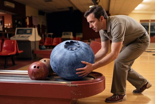 Giant Blueberry at the Bowling Alley. Man rolling huge berry