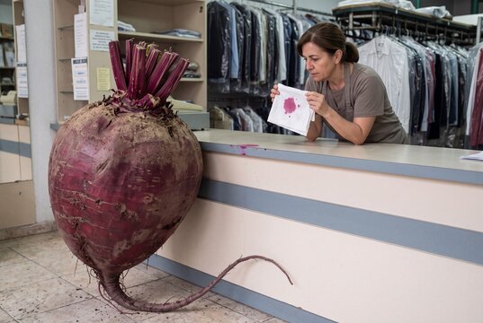Giant Beetroot at the Dry Cleaner. Woman showing stained shirt