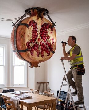 Giant Pomegranate Hanging from the Ceiling. Electrician on ladder