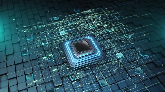 A central processor dense network numeric details digital data processing computing. Glowing lines nodes cross tiled teal surface, background analytics, information systems and technical presentation