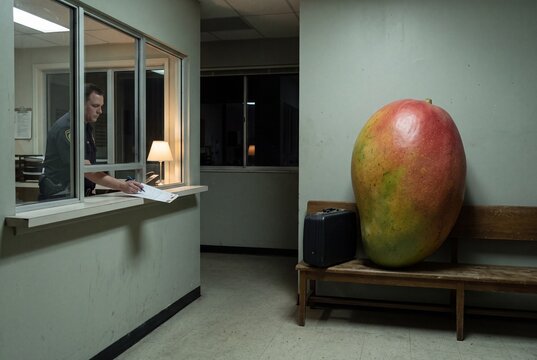 Giant Mango in a Waiting Room. Clerk behind reception window