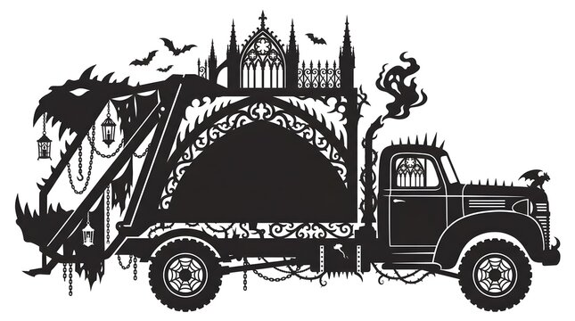 Creepy black silhouette of a monster truck featuring gothic cathedral arches, chains, bats, and sharp teeth. Ideal for spooky Halloween vehicle designs.