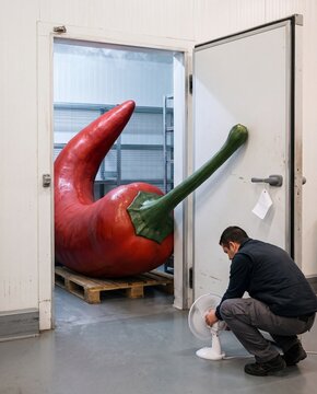Giant Red Chili in a Cold Storage Room. Worker with a fan