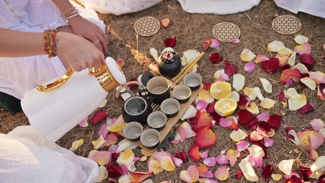 Woman pours tea from a black teapot into small cups placed among vibrant rose petals on a natural surface, with decorative elements in the background