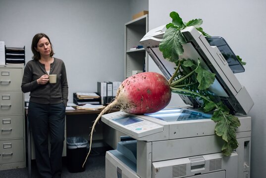 Giant Radish on the Office Copier. Woman with coffee watching