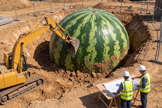 Giant Watermelon at a Construction Site. Engineers checking plans