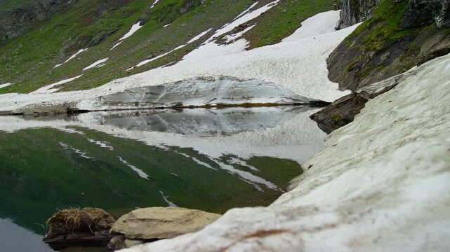 Elevated Balea Lake Beneath Snowy Fagaras Slopes