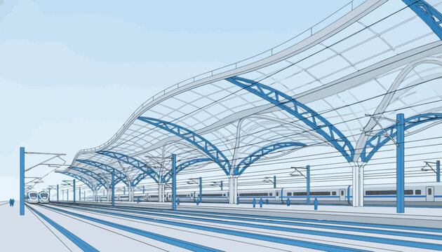 Expansive modern railway station featuring a massive curved glass canopy roof over numerous parallel rail tracks.