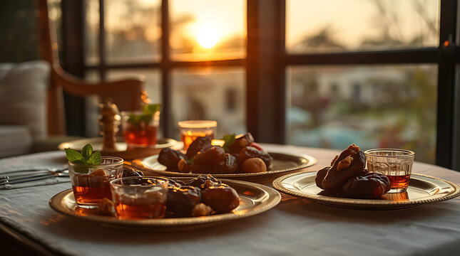 Traditional Ramadan Iftar table with dates and mint tea. Golden hour sunset lighting over middle eastern snacks. Healthy dried fruit on gold plates.