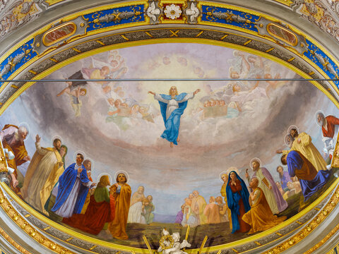 VOGHERA, ITALY - SEPTEMBER 12, 2024: The fresco of  Assumption in Domo - Collegiata di San Lorenzo by Rodolfo Gambini (1906)