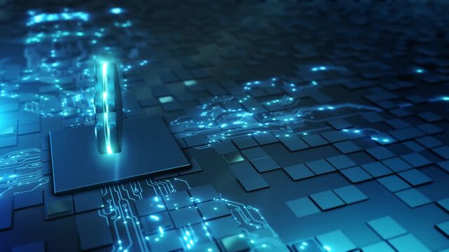Thick cloud shaped icon glowing outline stands tiered square platform dark blue tiles. Fine circuit traces nodes surround symbol, selective focus adding depth digital technology concept background.