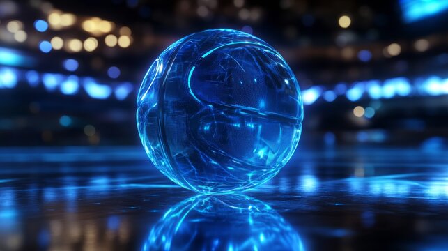 Futuristic glowing basketball on reflective arena floor with neon blue lines high tech sports equipment digital game atmosphere competitive energy athletic performance modern stadium background scene