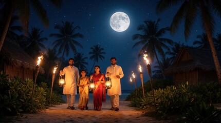 Fototapeta premium Happy Bengali family walks on tropical beach at night. Parents, kids carry lit lanterns under bright full moon. People celebrate traditional festival with warm light among palm trees, huts in exotic
