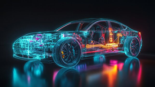 Futuristic transparent electric vehicle neon wireframe structure and glowing wheels on reflective floor showing smart mobility design battery power automotive technology and cyber transport innovation