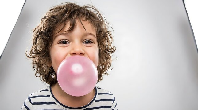 A joyful little girl with curly brown hair blowing a large pink bubblegum bubble in a studio setting, showing a fun and playful childhood moment