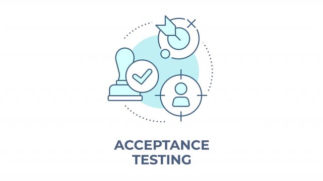 Acceptance testing animated monochrome cyan concept icon. Streamlined operational workflow. Regulatory compliance standards. Quality assurance. Minimalist blue line animation. Circular motion graphic