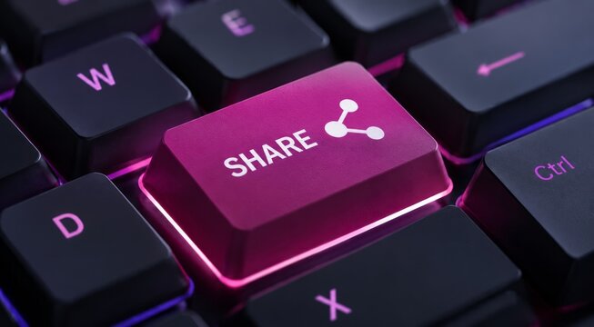 Close up of glowing share key on dark computer keyboard with neon purple light showing social media sharing digital communication online network content distribution viral marketing technology concept