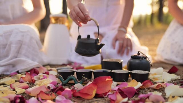 Women dressed in white engage in a group meditation, pouring tea from a kettle onto a tray surrounded by colorful rose petals in a natural environment