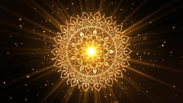 Gold lotus petals ornate circular a radiant mandala on a dark background, warm rays glitter particles. festive Diwali greetings, Indian festivities, wedding invitations elegant spiritual presentations