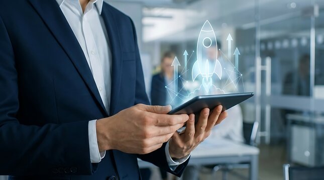 Businessman using a tablet with a holographic rocket symbolizing business growth and startup success in a modern office environment