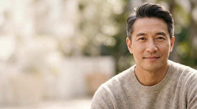 Portrait of handsome confident middle aged Asian man smiling looking at camera wearing beige sweater in soft outdoor natural light background with copy space corporate lifestyle