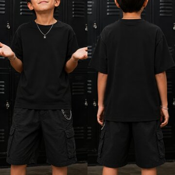 Cool boy wearing black oversized t-shirt, pants, stands in school hallway, front & back side view. Youth crewneck short sleeve t-shirt mockup, rear side. Young kid model indoors, school outfit