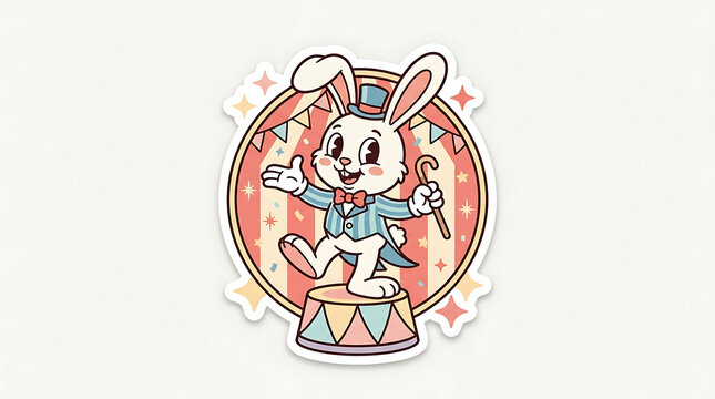Vintage circus ringmaster bunny rabbit sticker featuring cute cartoon character in striped coat and top hat performing on circus stage with colorful banners.