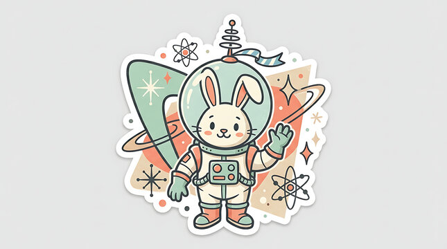 Retro mid century modern space rabbit astronaut sticker design featuring cute bunny in helmet waving hand with retro planet and orbit lines background elements.