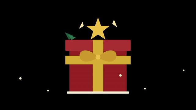 Seamless loop stop motion animation of a red Christmas gift box with yellow ribbon and a golden star on a dark background